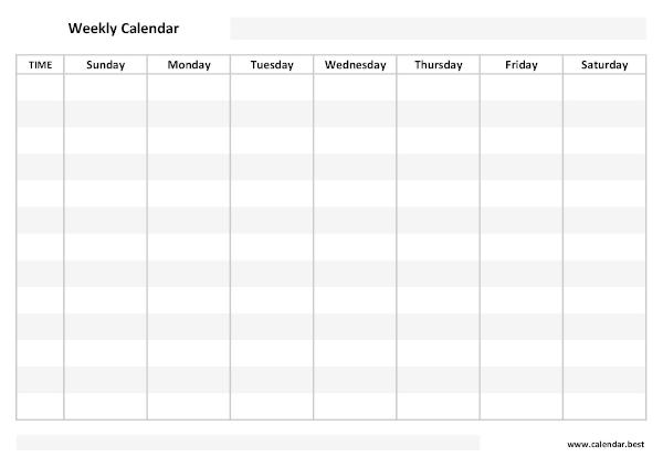 Weekly calendar to download for free in pdf or jpg, 7 days version, A4 landscape format, white template. Weekly calendar printable (white template)